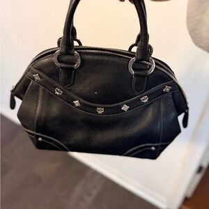 MCM Black Leather Satchel with Silver Accents
